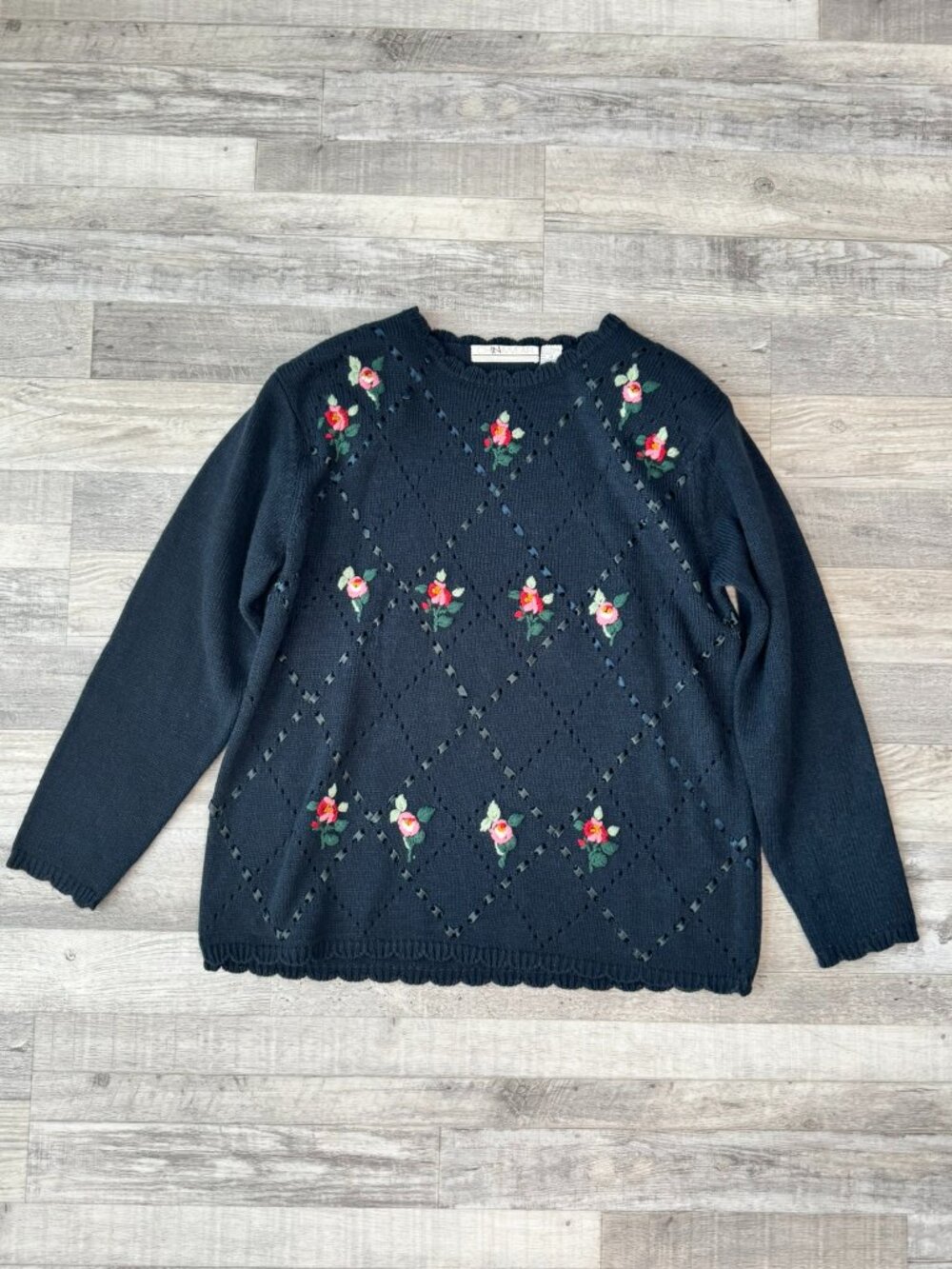 Vintage China Wear Navy Sweater Size Medium Floral, Embroidery, Ribbon M8